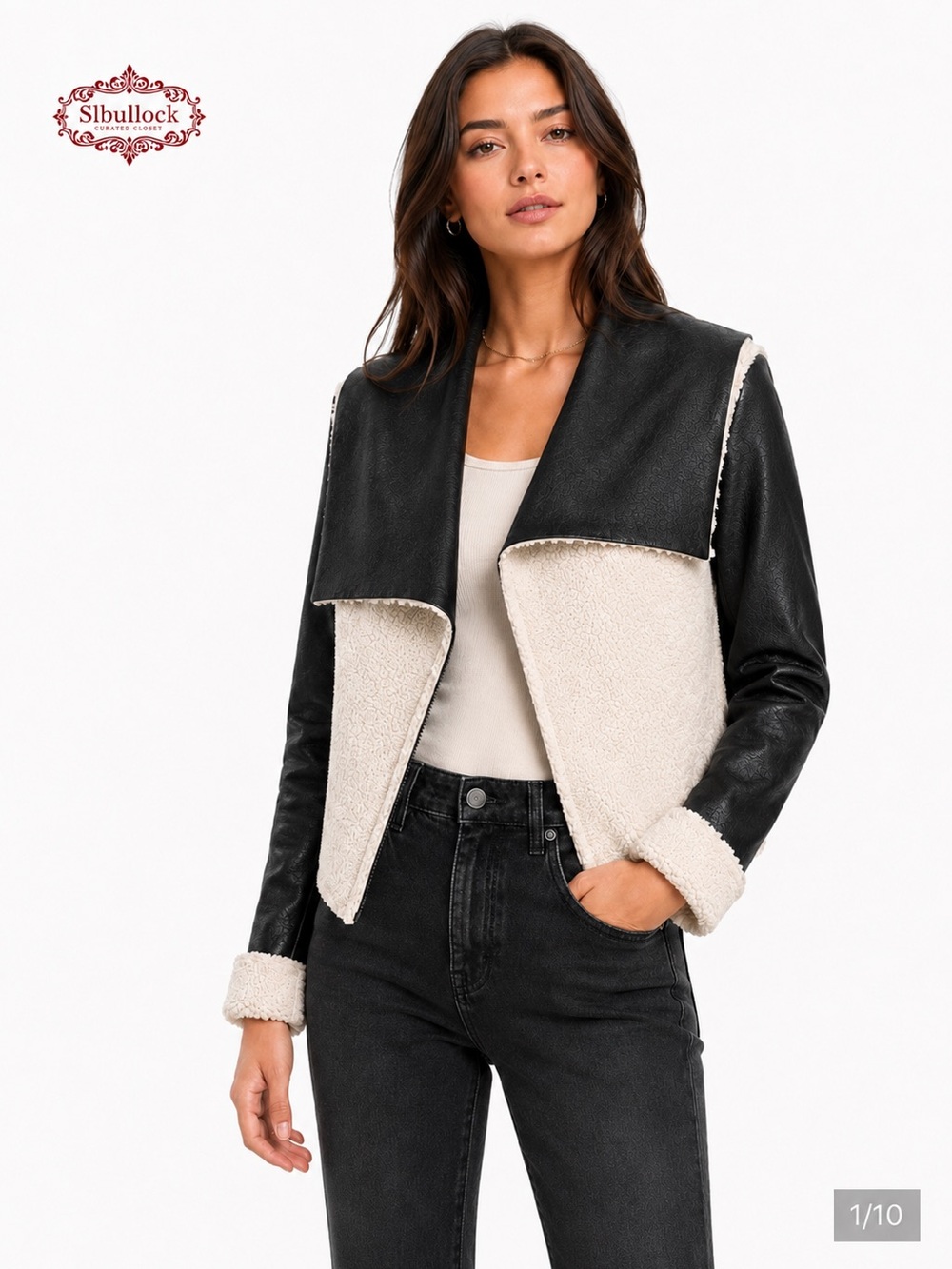 F7 FC Jeans Faux Leather Sherpa Moto Jacket Black Off-White Size 4